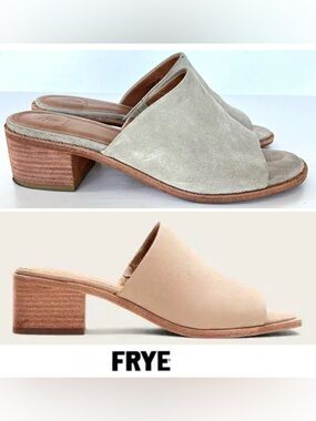 FRYE Cindy Light Gray Suede Leather Heel Open Toe Heels Sandals Mules Sz 8 M